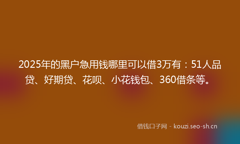 2025年的黑户急用钱哪里可以借3万有：51人品贷、好期贷、花呗、小花钱包、360借条等。