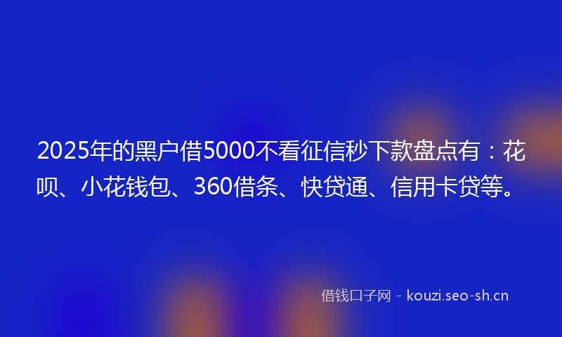 2025年的黑户借5000不看征信秒下款盘点有：花呗、小花钱包、360借条、快贷通、信用卡贷等。