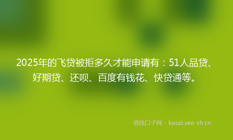 2025年的飞贷被拒多久才能申请有：51人品贷、好期贷、还呗、百度有钱花、快贷通等。