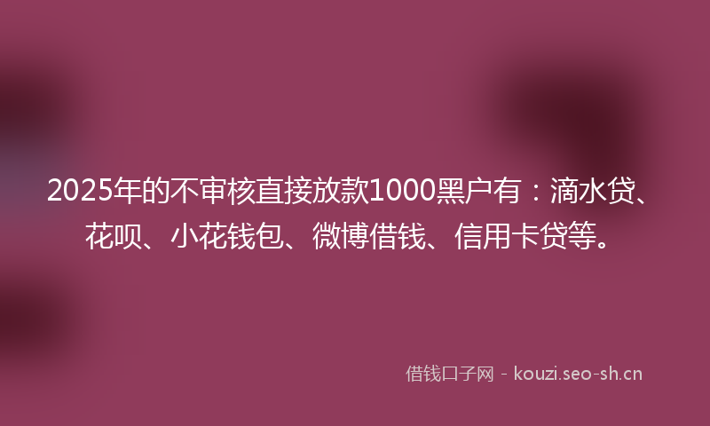 2025年的不审核直接放款1000黑户有：滴水贷、花呗、小花钱包、微博借钱、信用卡贷等。