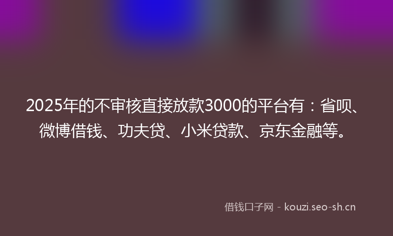 2025年的不审核直接放款3000的平台有：省呗、微博借钱、功夫贷、小米贷款、京东金融等。