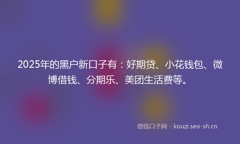 2025年的黑户新口子有：好期贷、小花钱包、微博借钱、分期乐、美团生活费等。