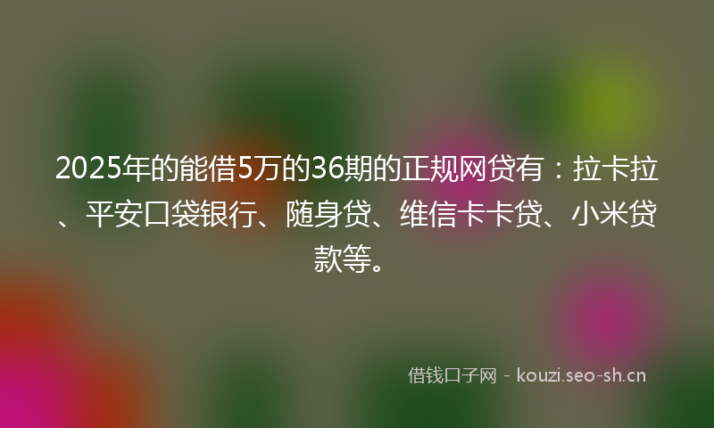 2025年的能借5万的36期的正规网贷有：拉卡拉、平安口袋银行、随身贷、维信卡卡贷、小米贷款等。