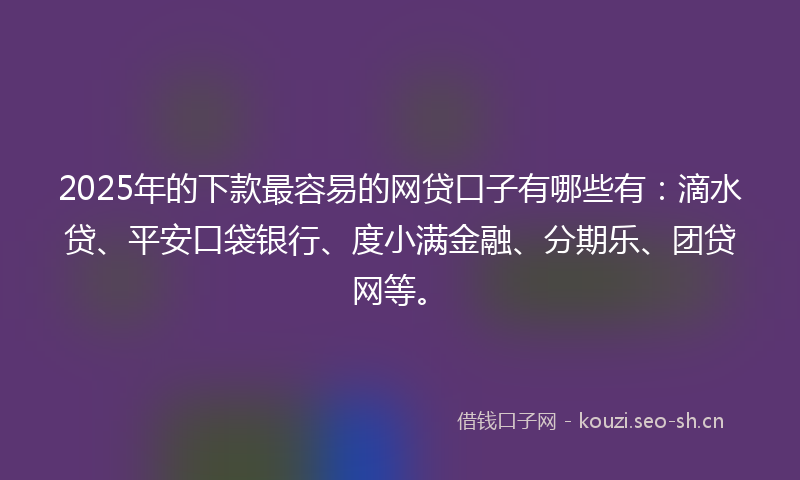 2025年的下款最容易的网贷口子有哪些有：滴水贷、平安口袋银行、度小满金融、分期乐、团贷网等。