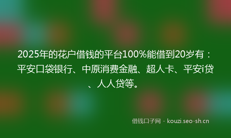 2025年的花户借钱的平台100%能借到20岁有：平安口袋银行、中原消费金融、超人卡、平安i贷、人人贷等。