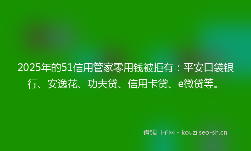 2025年的51信用管家零用钱被拒有:平安口袋银行、安逸花、功夫贷、信用卡贷、e微贷等。