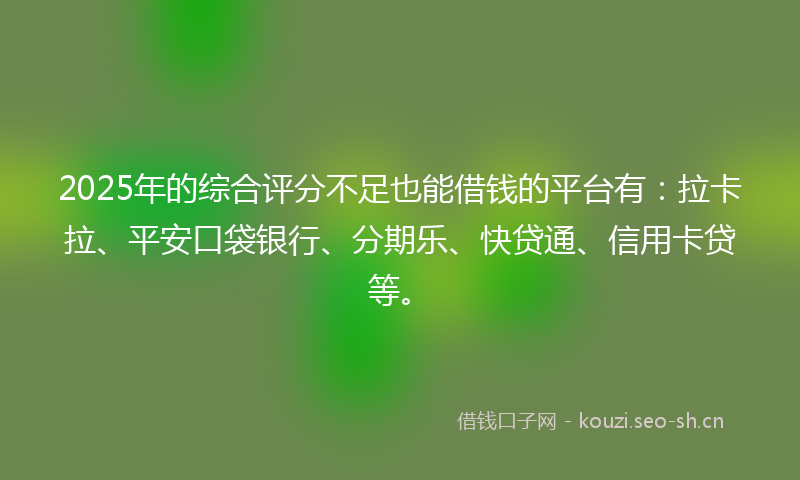 2025年的综合评分不足也能借钱的平台有：拉卡拉、平安口袋银行、分期乐、快贷通、信用卡贷等。