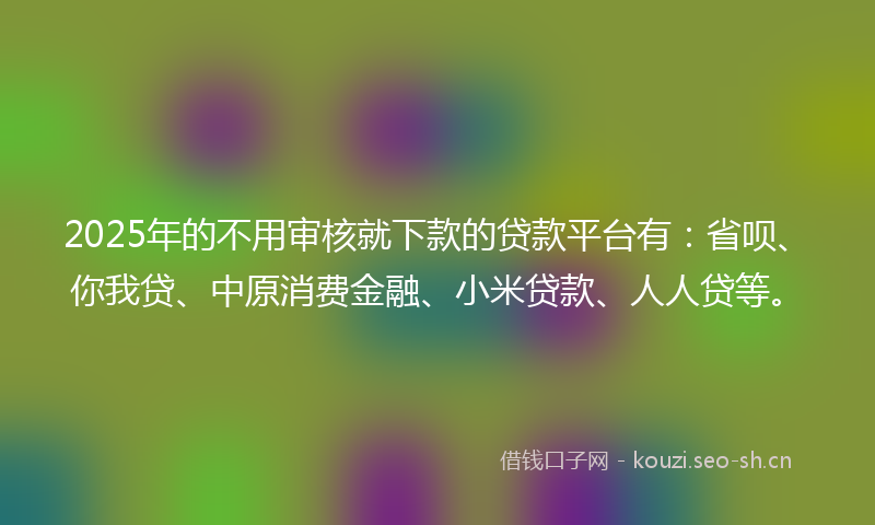 2025年的不用审核就下款的贷款平台有：省呗、你我贷、中原消费金融、小米贷款、人人贷等。