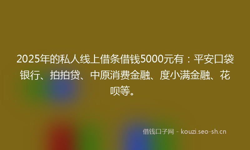 2025年的私人线上借条借钱5000元有：平安口袋银行、拍拍贷、中原消费金融、度小满金融、花呗等。