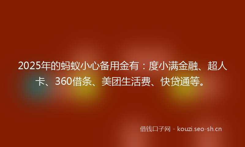 2025年的蚂蚁小心备用金有：度小满金融、超人卡、360借条、美团生活费、快贷通等。