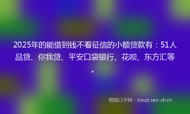 2025年的能借到钱不看征信的小额贷款有：51人品贷、你我贷、平安口袋银行、花呗、东方汇等。