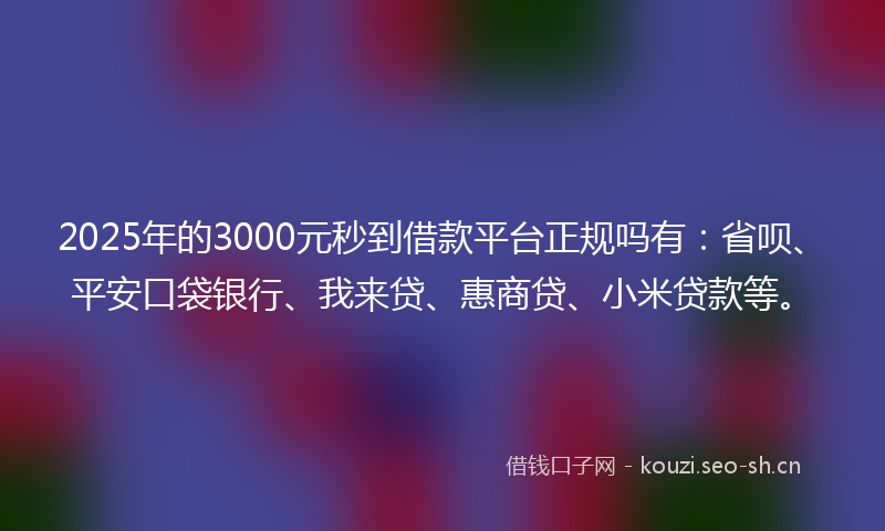 2025年的3000元秒到借款平台正规吗有:省呗、平安口袋银行、我来贷、惠商贷、小米贷款等。