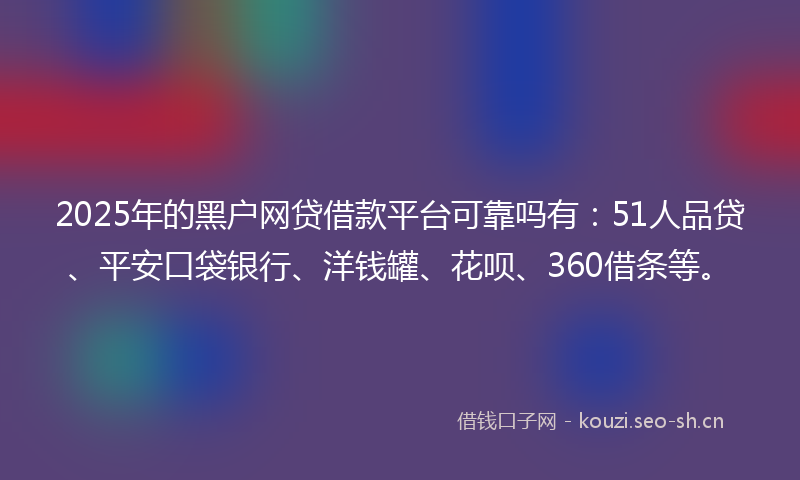 2025年的黑户网贷借款平台可靠吗有：51人品贷、平安口袋银行、洋钱罐、花呗、360借条等。