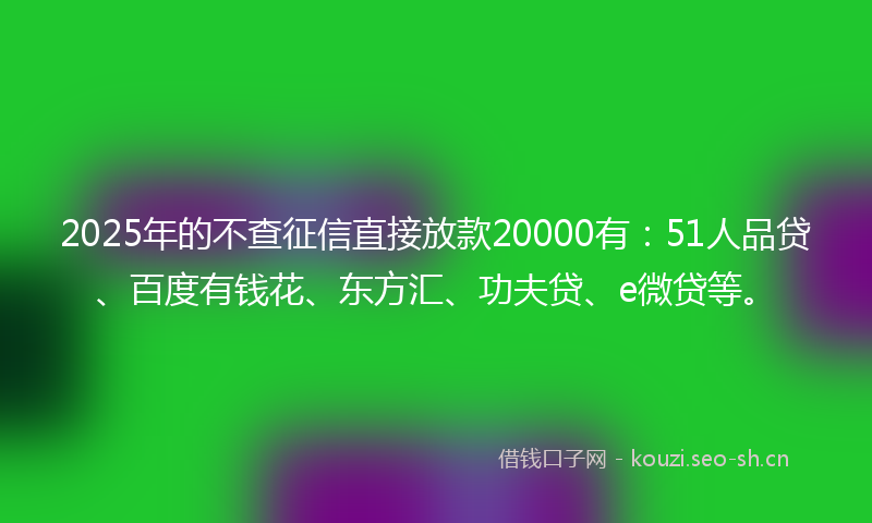 2025年的不查征信直接放款20000有：51人品贷、百度有钱花、东方汇、功夫贷、e微贷等。