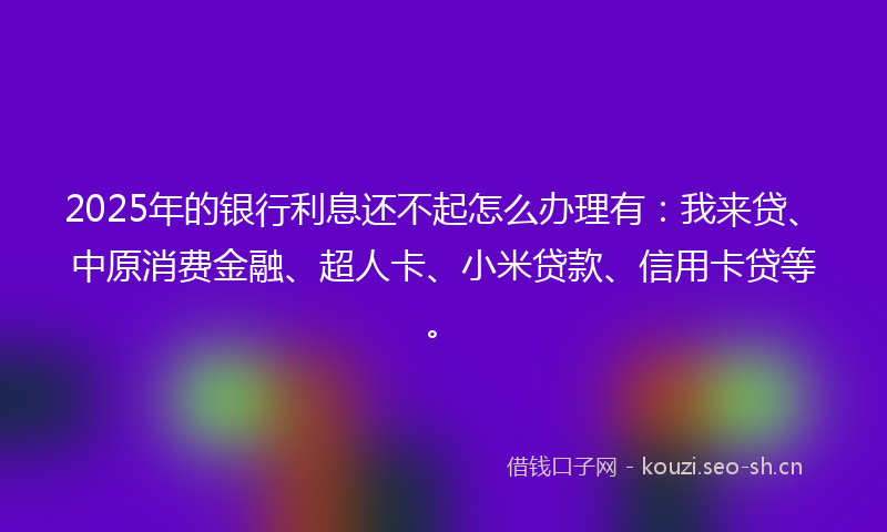 2025年的银行利息还不起怎么办理有：我来贷、中原消费金融、超人卡、小米贷款、信用卡贷等。
