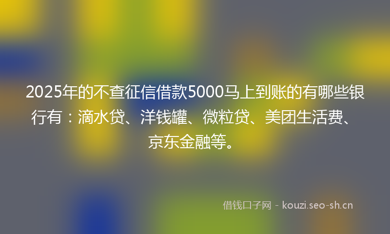 2025年的不查征信借款5000马上到账的有哪些银行有：滴水贷、洋钱罐、微粒贷、美团生活费、京东金融等。
