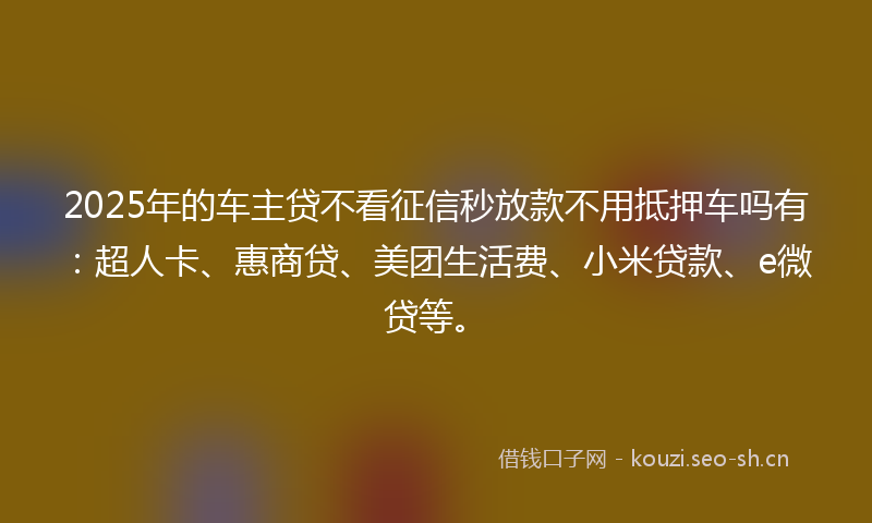 2025年的车主贷不看征信秒放款不用抵押车吗有：超人卡、惠商贷、美团生活费、小米贷款、e微贷等。
