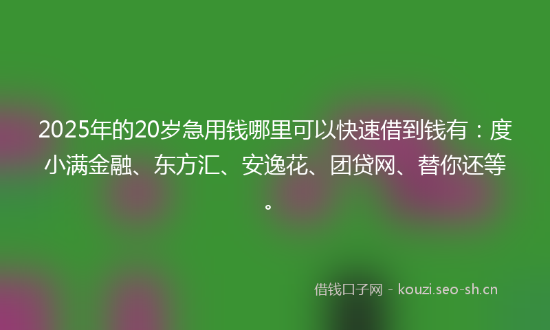 2025年的20岁急用钱哪里可以快速借到钱有：度小满金融、东方汇、安逸花、团贷网、替你还等。