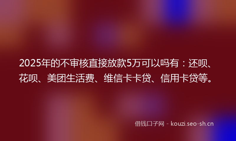 2025年的不审核直接放款5万可以吗有：还呗、花呗、美团生活费、维信卡卡贷、信用卡贷等。