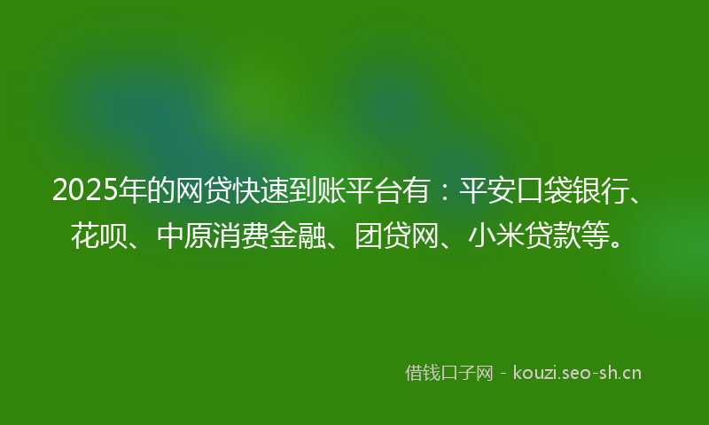 2025年的网贷快速到账平台有：平安口袋银行、花呗、中原消费金融、团贷网、小米贷款等。