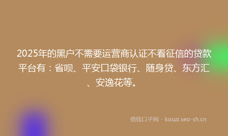 2025年的黑户不需要运营商认证不看征信的贷款平台有：省呗、平安口袋银行、随身贷、东方汇、安逸花等。