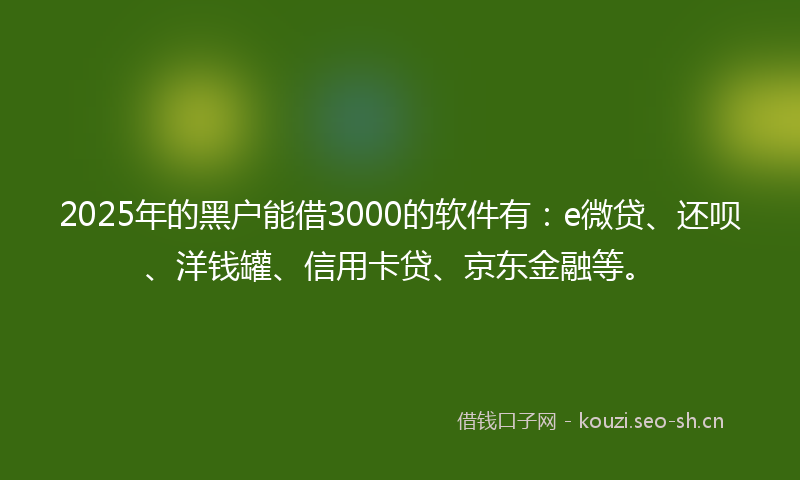 2025年的黑户能借3000的软件有：e微贷、还呗、洋钱罐、信用卡贷、京东金融等。