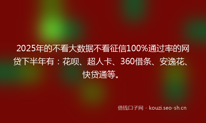 2025年的不看大数据不看征信100%通过率的网贷下半年有：花呗、超人卡、360借条、安逸花、快贷通等。