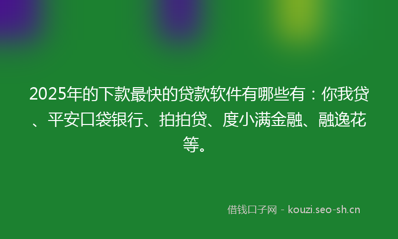 2025年的下款最快的贷款软件有哪些有：你我贷、平安口袋银行、拍拍贷、度小满金融、融逸花等。