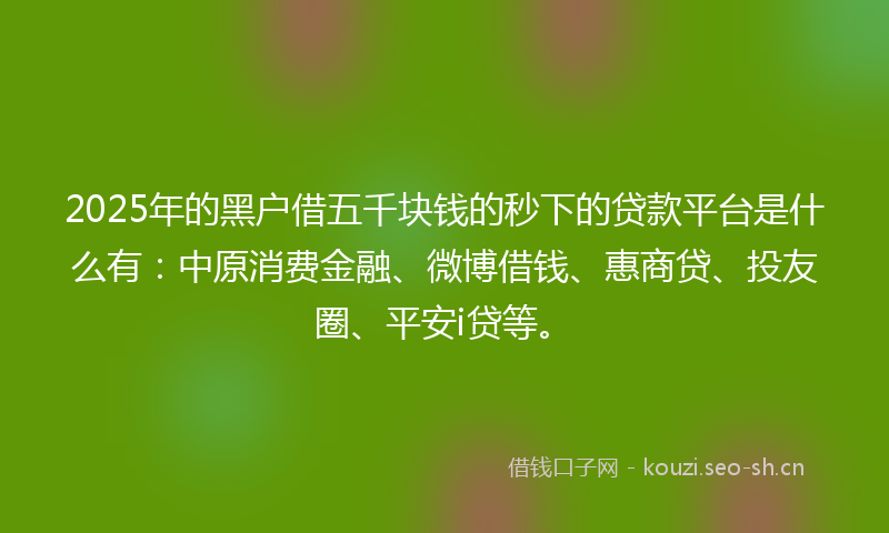 2025年的黑户借五千块钱的秒下的贷款平台是什么有:中原消费金融、微博借钱、惠商贷、投友圈、平安i贷等。