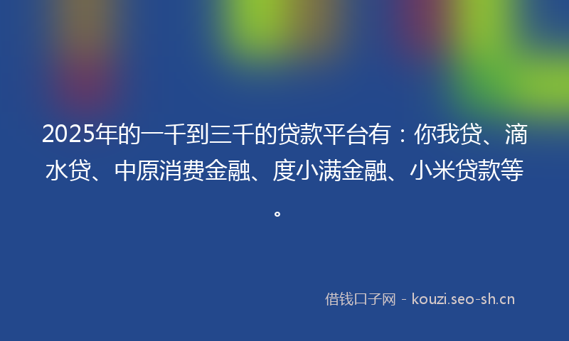 2025年的一千到三千的贷款平台有:你我贷、滴水贷、中原消费金融、度小满金融、小米贷款等。