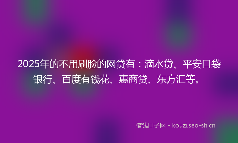 2025年的不用刷脸的网贷有：滴水贷、平安口袋银行、百度有钱花、惠商贷、东方汇等。