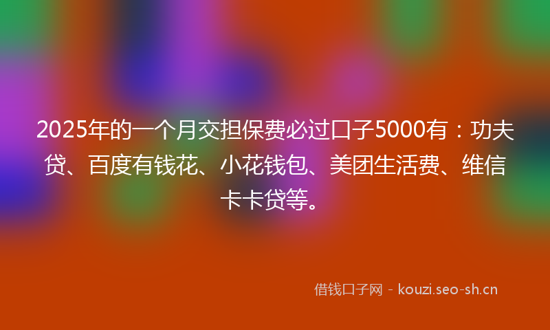 2025年的一个月交担保费必过口子5000有：功夫贷、百度有钱花、小花钱包、美团生活费、维信卡卡贷等。