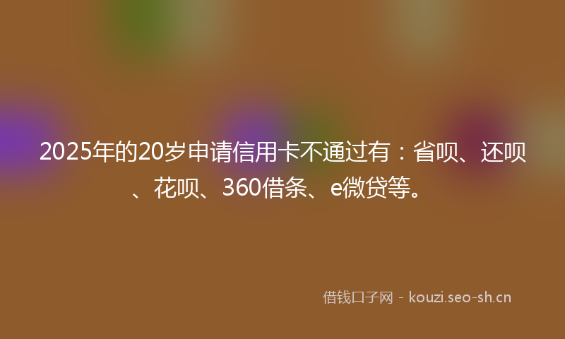 2025年的20岁申请信用卡不通过有:省呗、还呗、花呗、360借条、e微贷等。