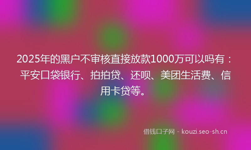 2025年的黑户不审核直接放款1000万可以吗有：平安口袋银行、拍拍贷、还呗、美团生活费、信用卡贷等。