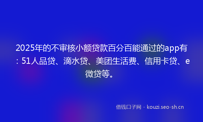 2025年的不审核小额贷款百分百能通过的app有：51人品贷、滴水贷、美团生活费、信用卡贷、e微贷等。
