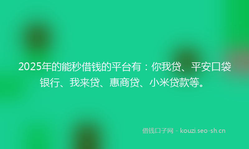 2025年的能秒借钱的平台有：你我贷、平安口袋银行、我来贷、惠商贷、小米贷款等。