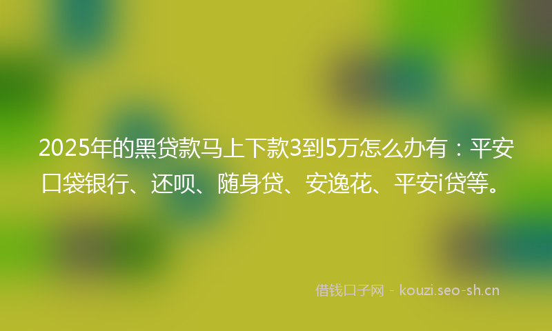 2025年的黑贷款马上下款3到5万怎么办有:平安口袋银行、还呗、随身贷、安逸花、平安i贷等。