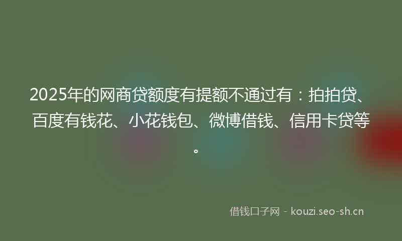 2025年的网商贷额度有提额不通过有：拍拍贷、百度有钱花、小花钱包、微博借钱、信用卡贷等。