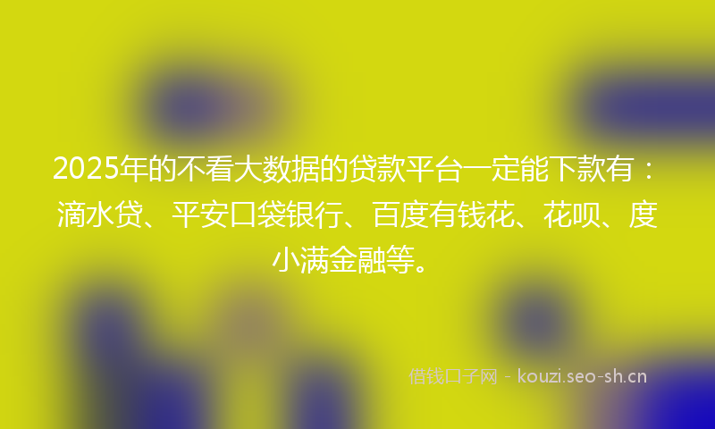 2025年的不看大数据的贷款平台一定能下款有：滴水贷、平安口袋银行、百度有钱花、花呗、度小满金融等。