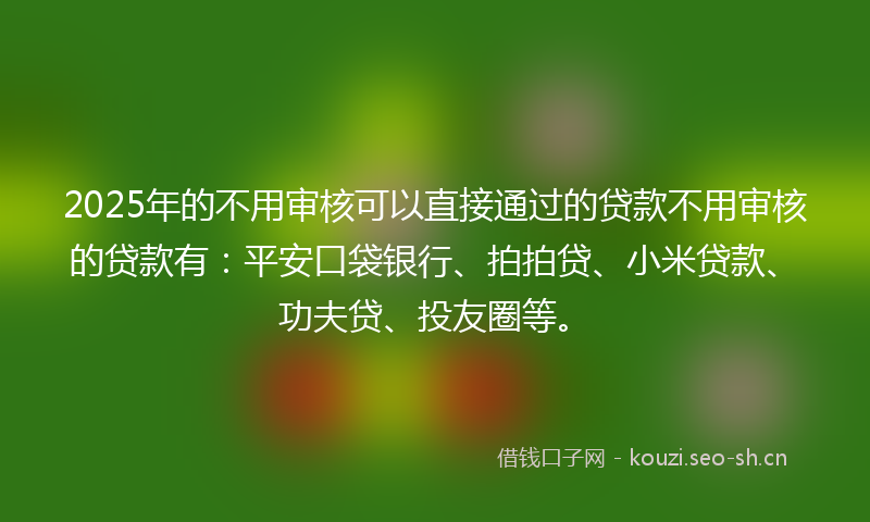 2025年的不用审核可以直接通过的贷款不用审核的贷款有:平安口袋银行、拍拍贷、小米贷款、功夫贷、投友圈等。