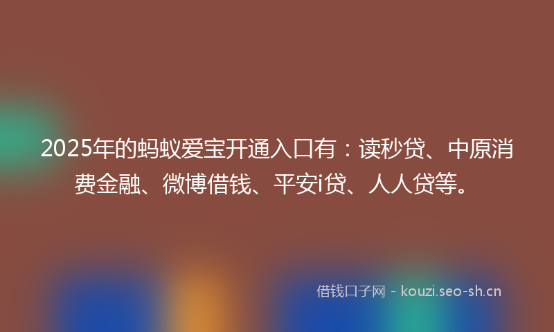 2025年的蚂蚁爱宝开通入口有：读秒贷、中原消费金融、微博借钱、平安i贷、人人贷等。