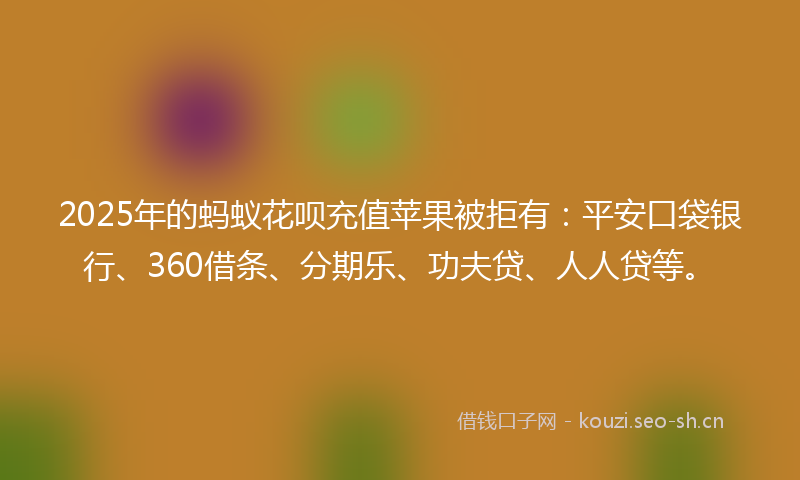 2025年的蚂蚁花呗充值苹果被拒有：平安口袋银行、360借条、分期乐、功夫贷、人人贷等。