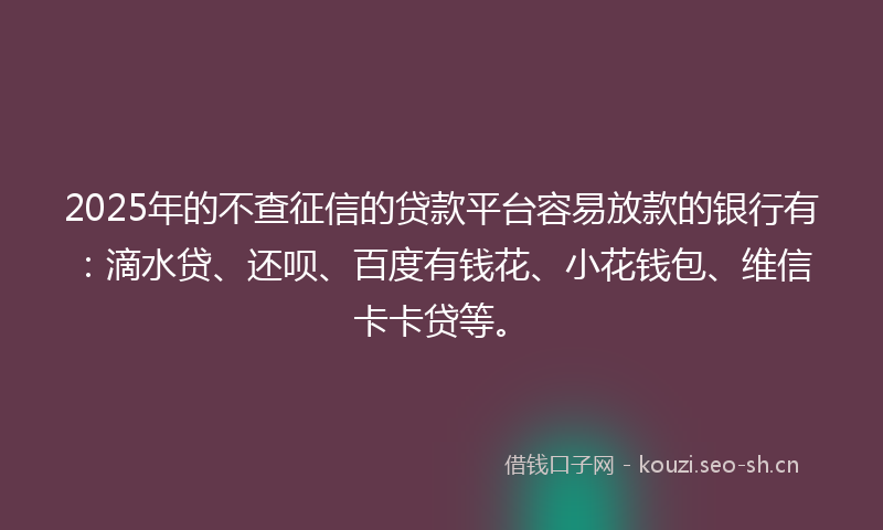 2025年的不查征信的贷款平台容易放款的银行有：滴水贷、还呗、百度有钱花、小花钱包、维信卡卡贷等。