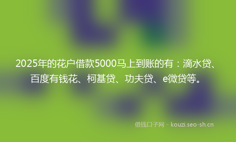 2025年的花户借款5000马上到账的有：滴水贷、百度有钱花、柯基贷、功夫贷、e微贷等。