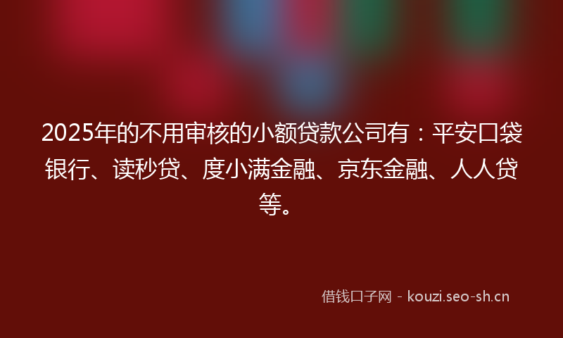 2025年的不用审核的小额贷款公司有：平安口袋银行、读秒贷、度小满金融、京东金融、人人贷等。