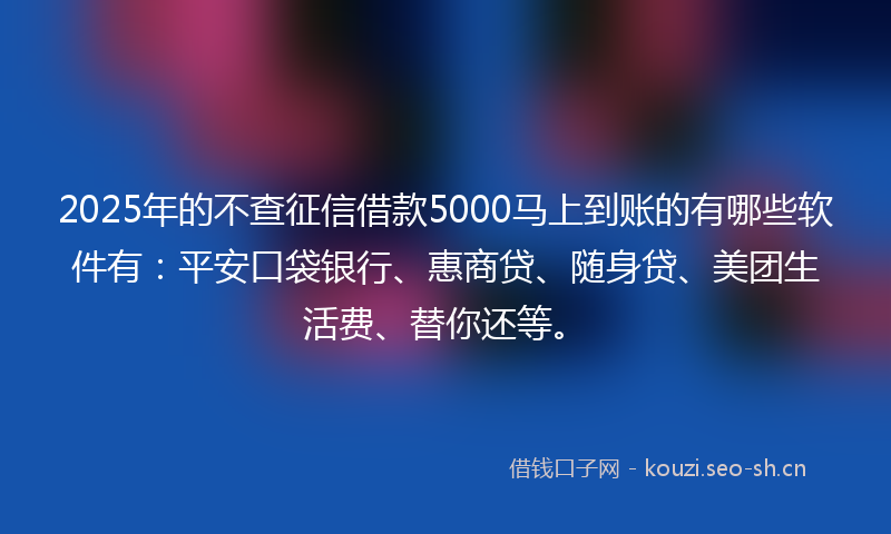 2025年的不查征信借款5000马上到账的有哪些软件有：平安口袋银行、惠商贷、随身贷、美团生活费、替你还等。