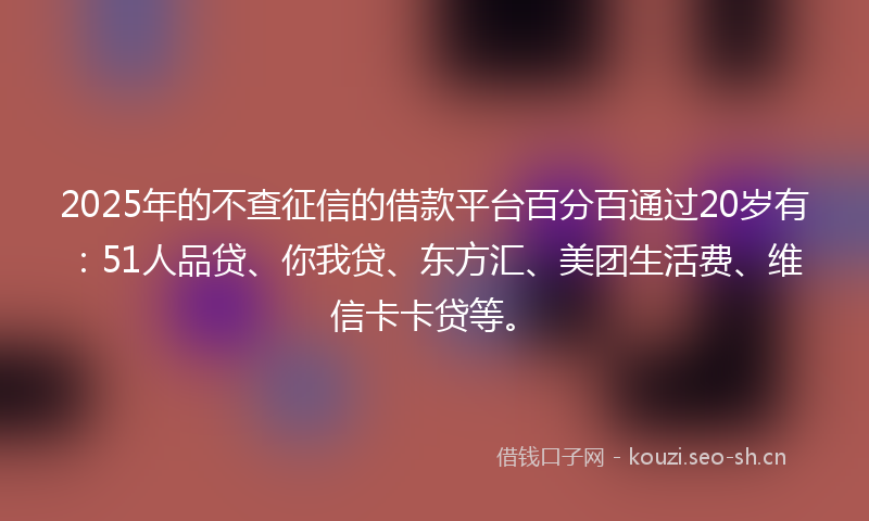 2025年的不查征信的借款平台百分百通过20岁有：51人品贷、你我贷、东方汇、美团生活费、维信卡卡贷等。