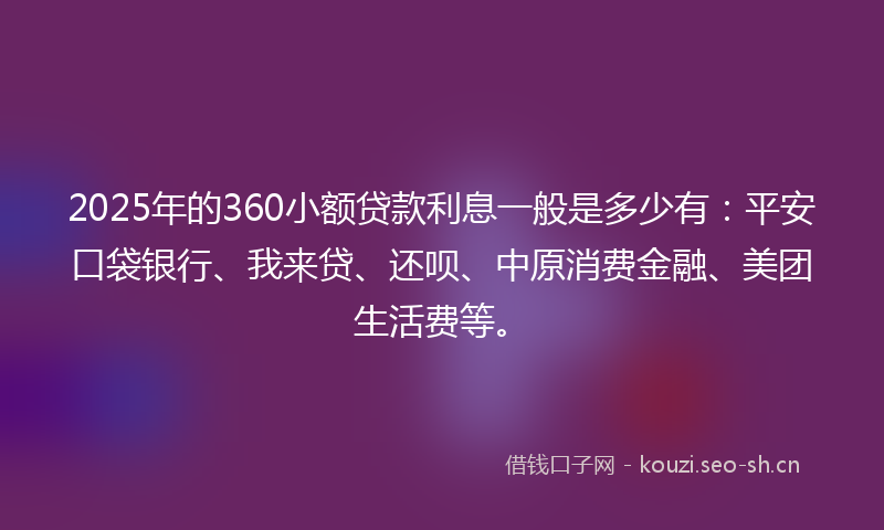 2025年的360小额贷款利息一般是多少有：平安口袋银行、我来贷、还呗、中原消费金融、美团生活费等。