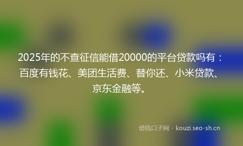 2025年的不查征信能借20000的平台贷款吗有：百度有钱花、美团生活费、替你还、小米贷款、京东金融等。