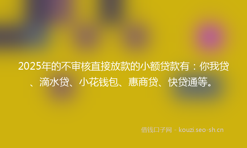 2025年的不审核直接放款的小额贷款有：你我贷、滴水贷、小花钱包、惠商贷、快贷通等。